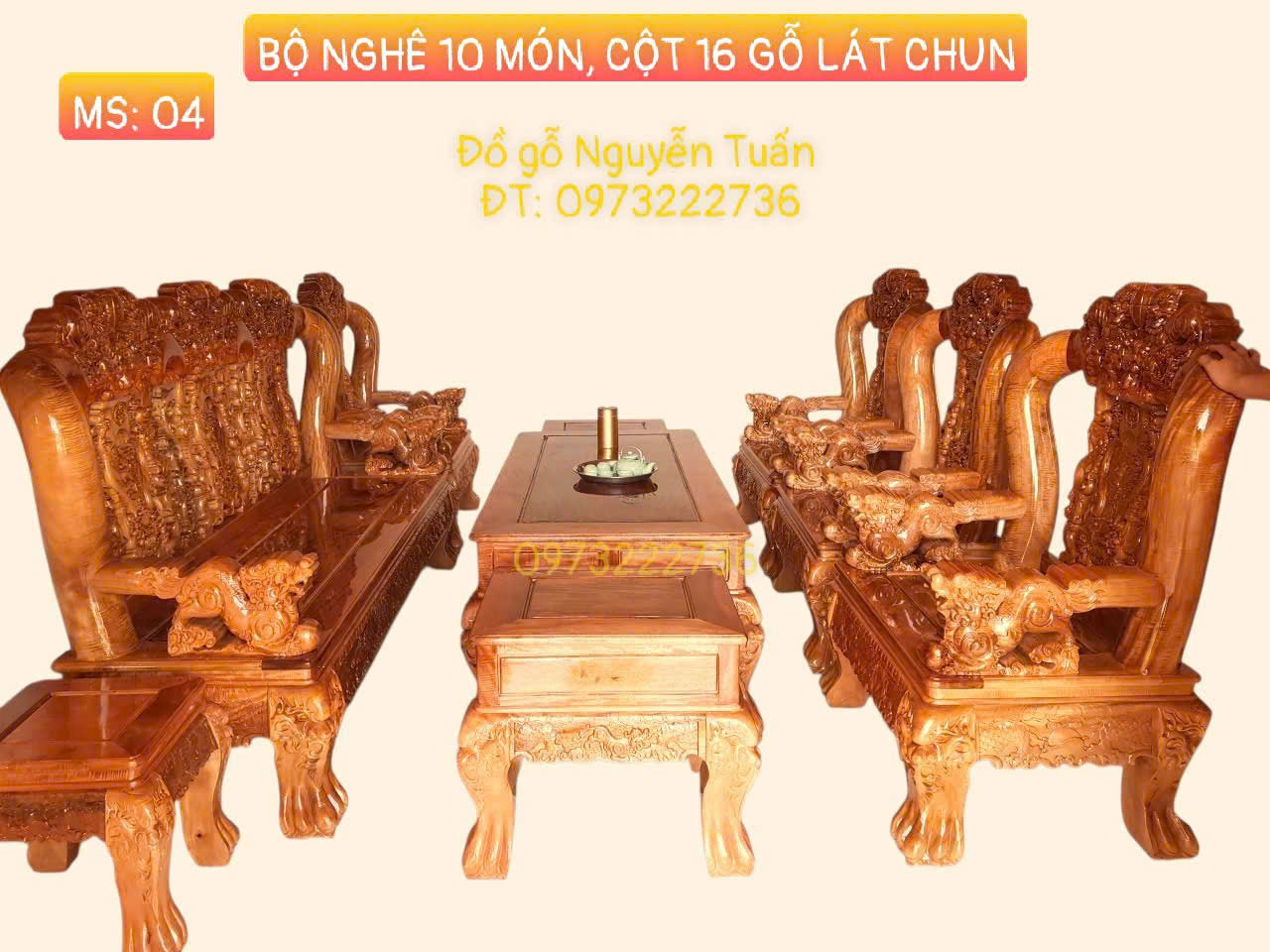 Bộ Nghê 10 Món Cột 16 - Gỗ Lát Chun