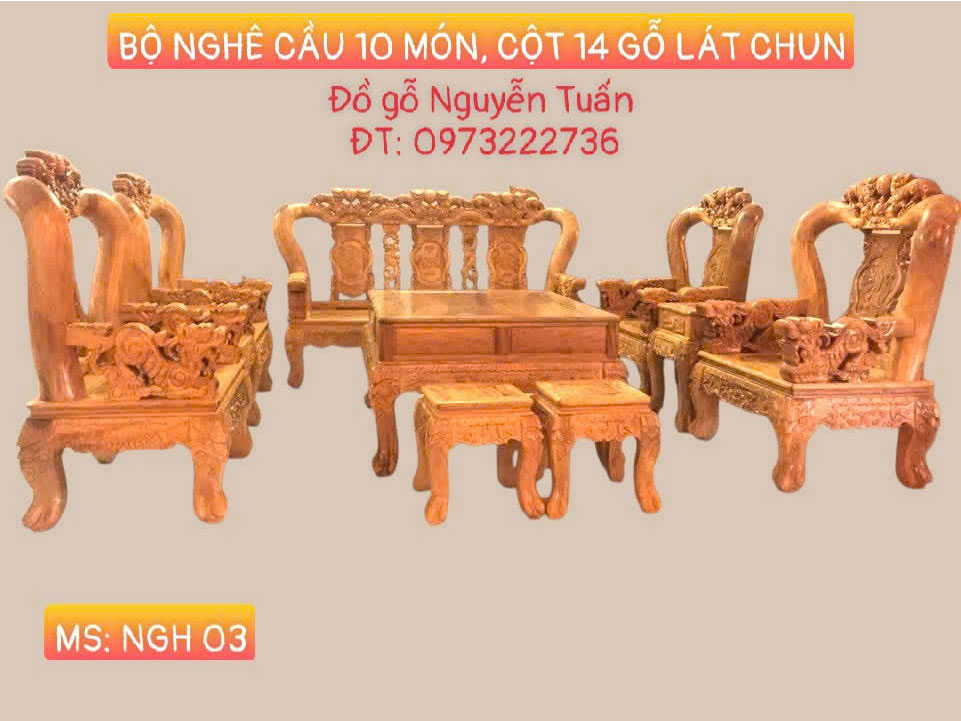 Bộ Nghê Cầu 10 Món Cột 14 Gỗ Lát Chun