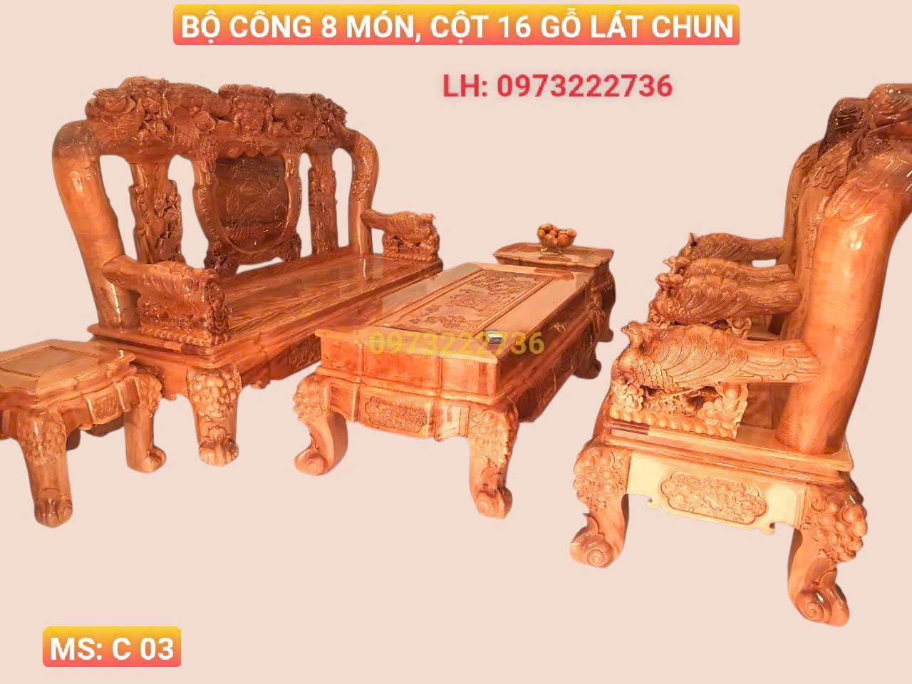 Bộ Công 8 Món Cột 16 - Gỗ Lát Chun